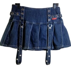 Tripp NYC Mini Skirt Blue Denim Jean Pleated Ring Zipper Straps Size M Punk